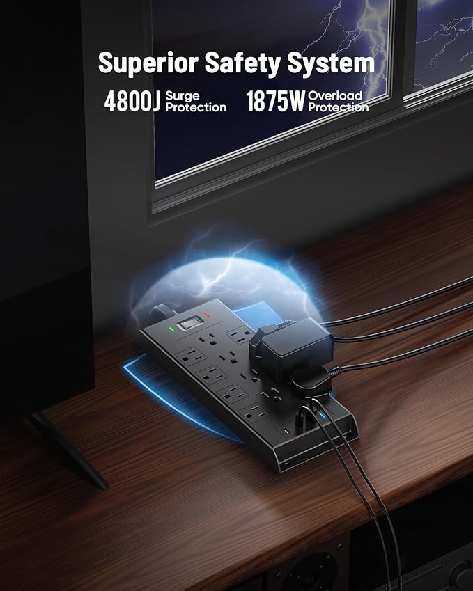 Surge Protector Power Strip 4800J, LeZone 25Ft Long Extension Cord Flat Plug - Image 4