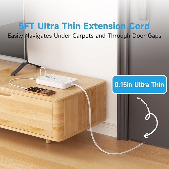 Flat Extension Cord with USB and USBC Ports, 5FT Extension Cord with 10 AC - Image 6