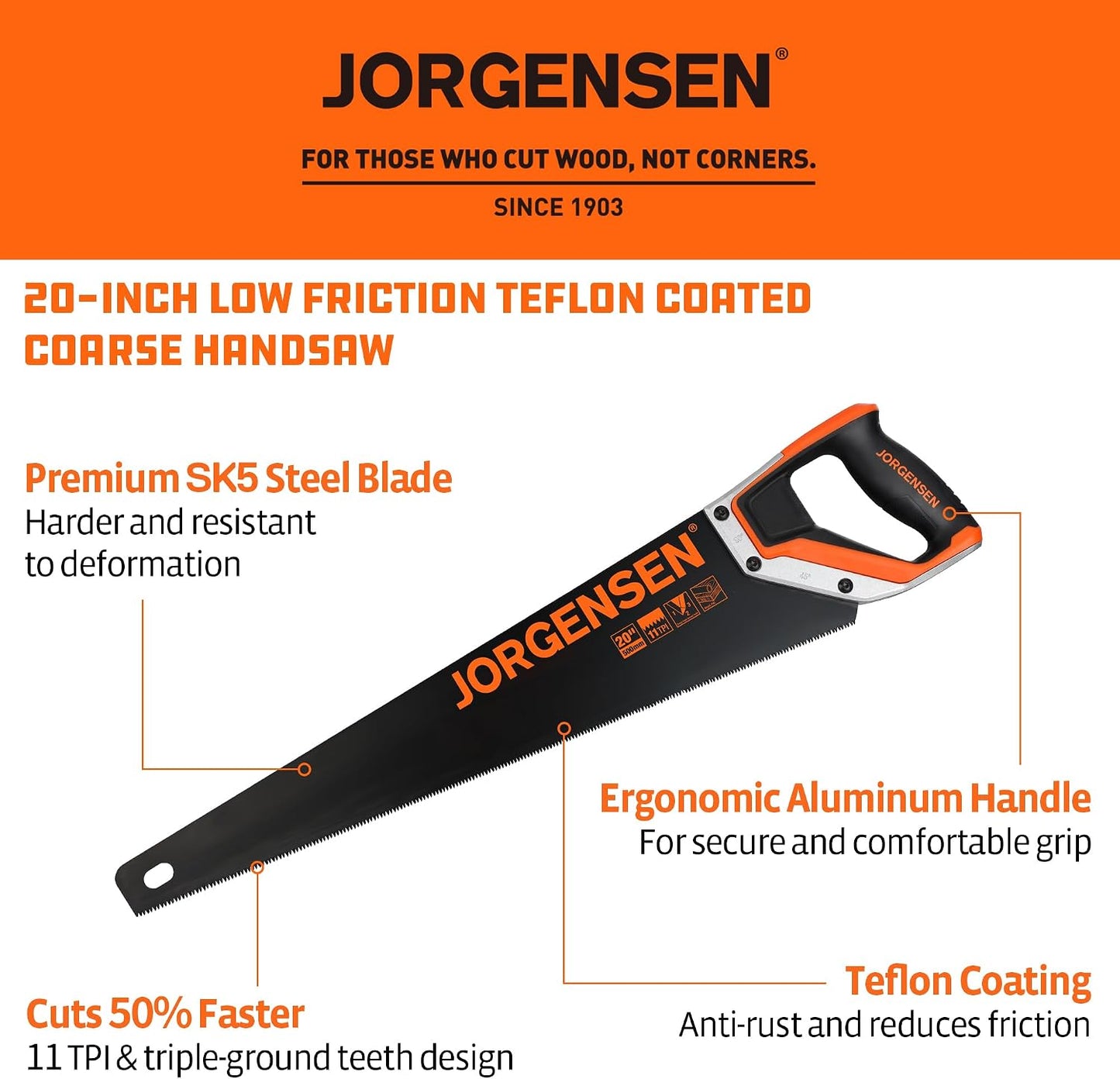JORGENSEN 20-Inch Hand Saw, 11 TPI Coarse Blade for Wood Cutting | Black-Coated Blade with Ergonomic Non-Slip Aluminum Handle for Sawing, Trimming, Gardening, Pruning, and PVC Cutting
