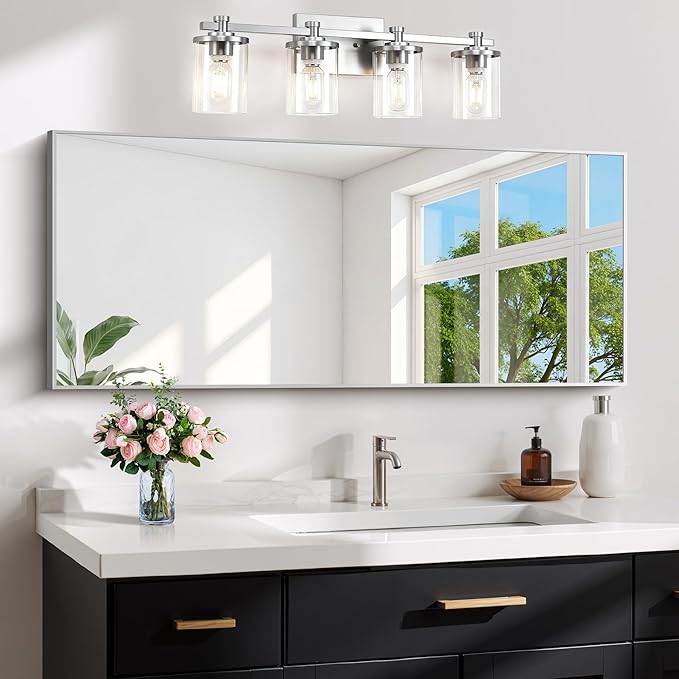 48x24In Silver Bathroom Mirror for Wall, Brushed Nickel Rectangle Mirrors by Welcometocofeny