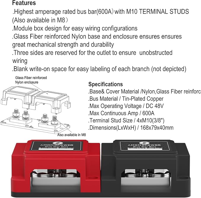 AMOMD 600A 48V Bus Bar Box 4 Stud M10 High Current Tin Plated Copper - Image 8