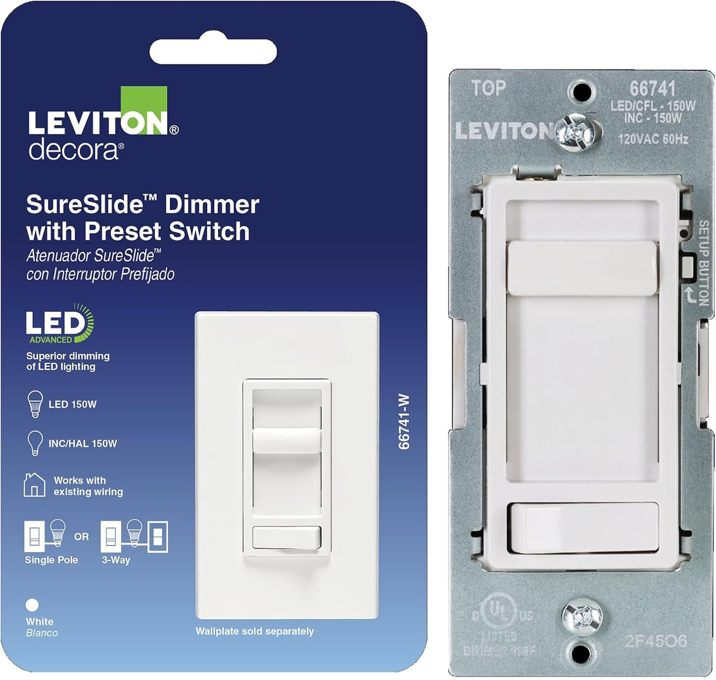 Leviton SureSlide LED Advanced Dimmer Switch for 150W Dimmable LED, Halogen and Incandescent Bulbs and Fixtures, 66741-W, White