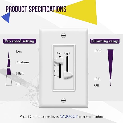 ENERLITES 3 Speed Ceiling Fan Control and Dimmer Light Switch, 2.5A Single Pole - Image 2