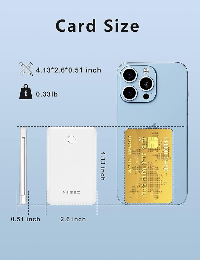 6000mah Ultra Slim Built in Cables Power Bank, Card Size Built in USB C Cords - Image 2