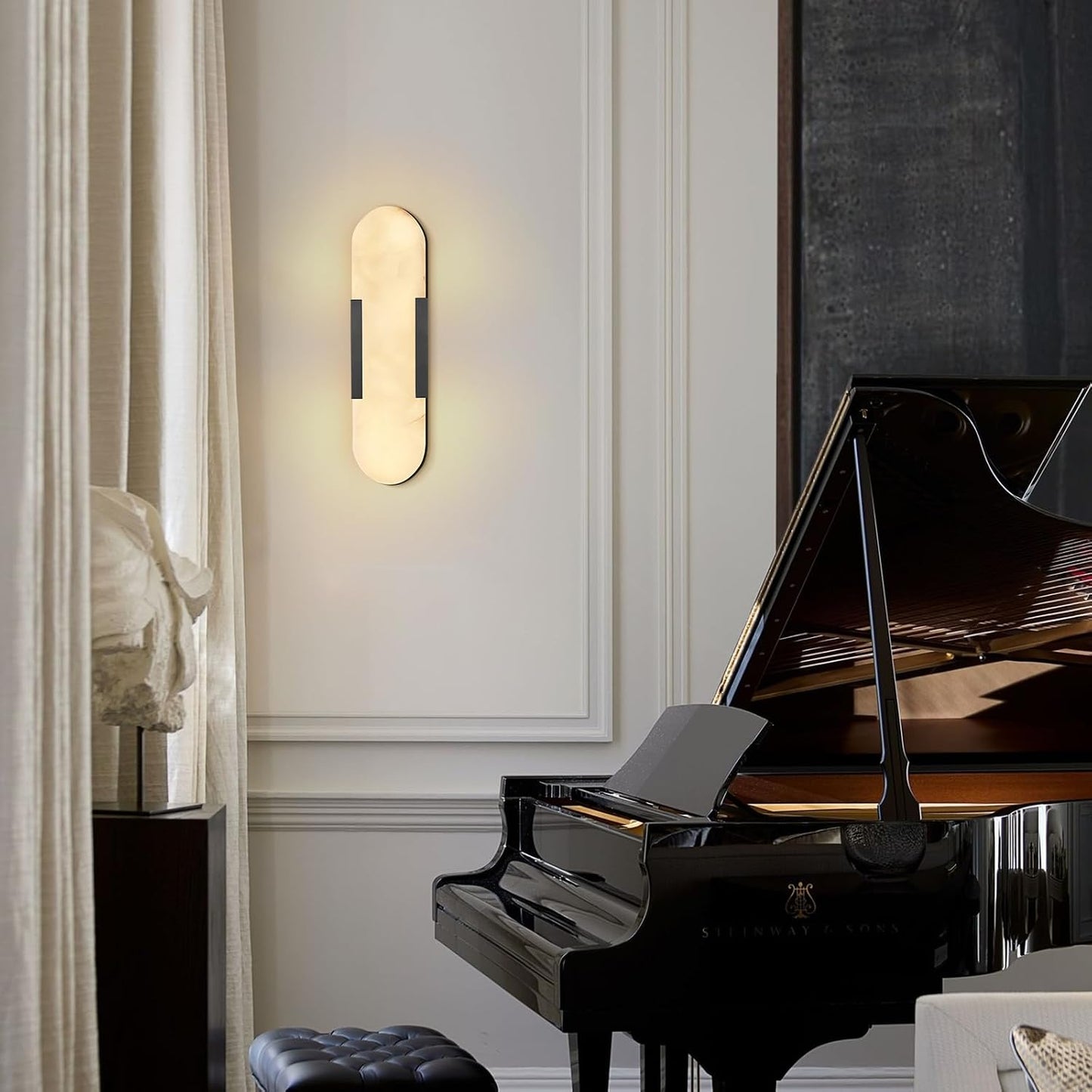 Alabaster Wall Sconces Set of 2, 13.8" Black Natural Marble Wall Sconce, Hardwired Bathroom Vanity Lights, Modern Indoor Wall Lighting for Bedroom, Living Room, Hallway, Stairs, 3000K Warm Light