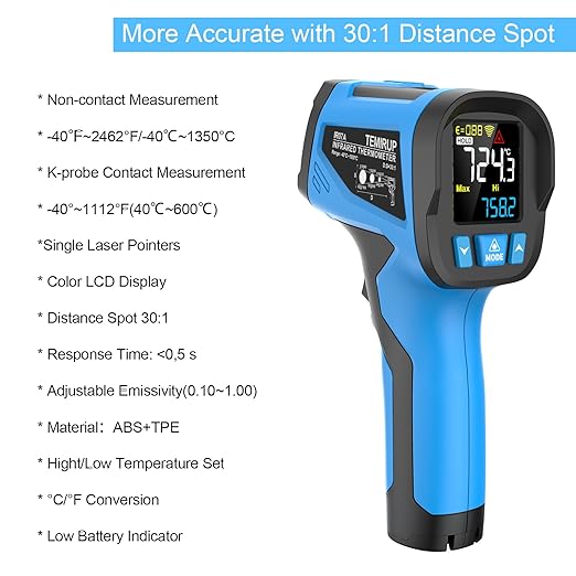 TEMIRUP Infrared Thermometer Temperature Gun -40℉ to 2462℉, 30:1 High Temp - Image 3