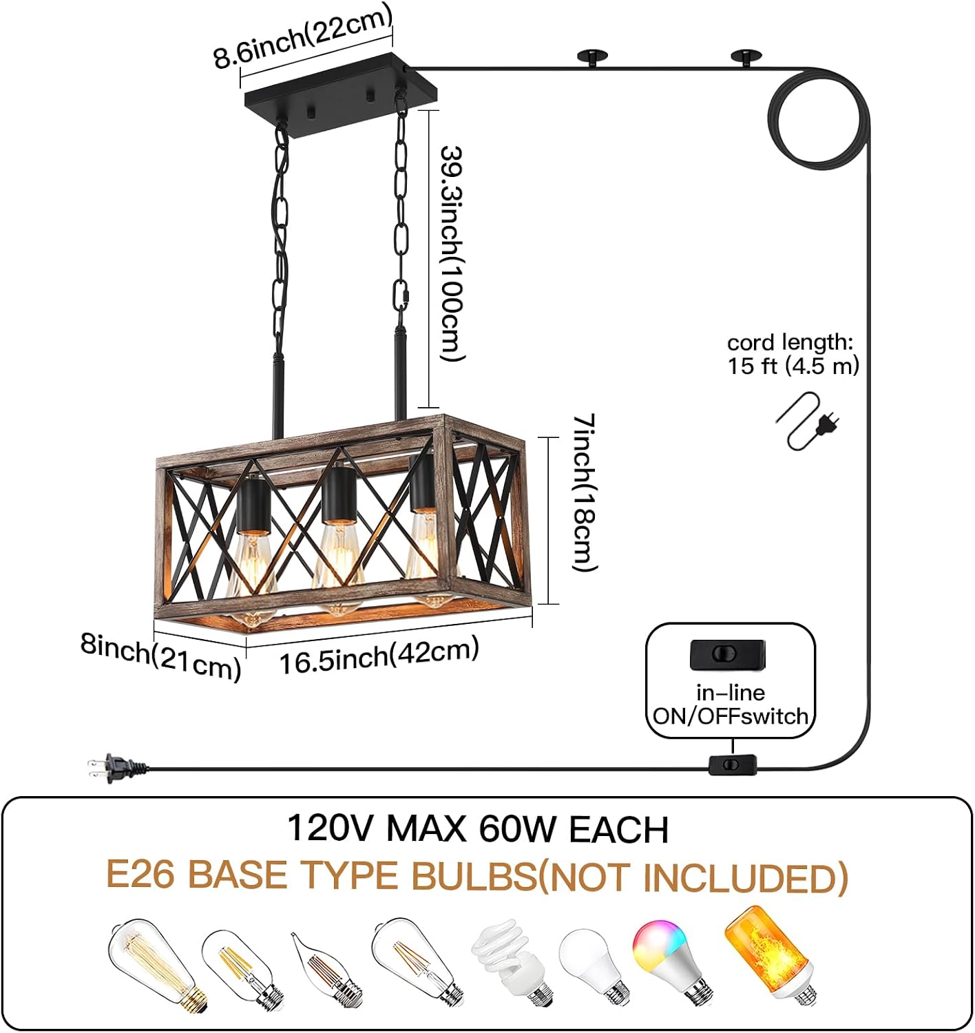 KEESFU Farmhouse Plug in Kitchen Lighting Fixtures Ceiling, 3 Lights Kitchen Pendant Light with 14.7ft Cord, Rustic Dining Room Light for Living Room Foyer Dining Table Over Sink. (Wood Grain Color)