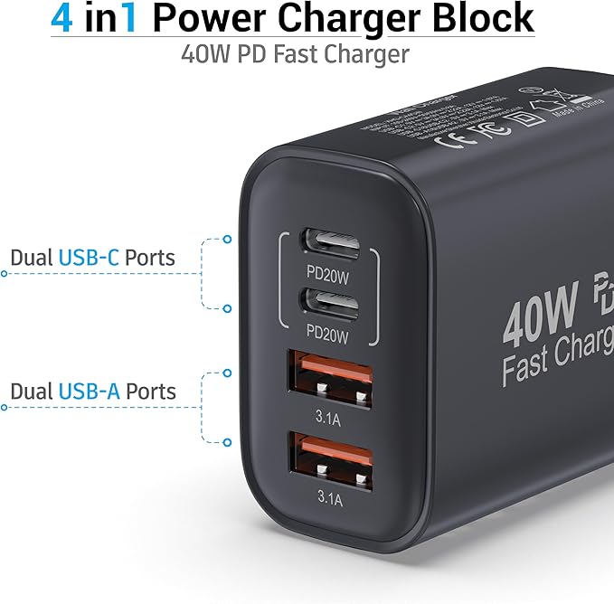 TT&C USB C Block 40W, 4 Ports Wall Plug Fast Charging Block, PD+QC Multiport - Image 3