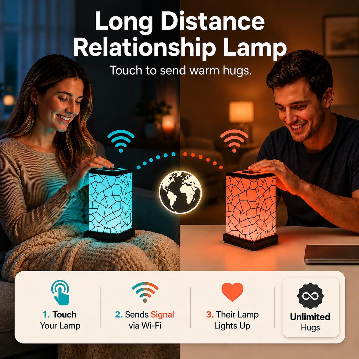 Friendship Lamp Long Distance WiFi Touch Light with Instant Sync, Easy Setup, No Subscription Required, Color-Changing LED Gift for Family, Friends & Loved Ones - 2 Sets