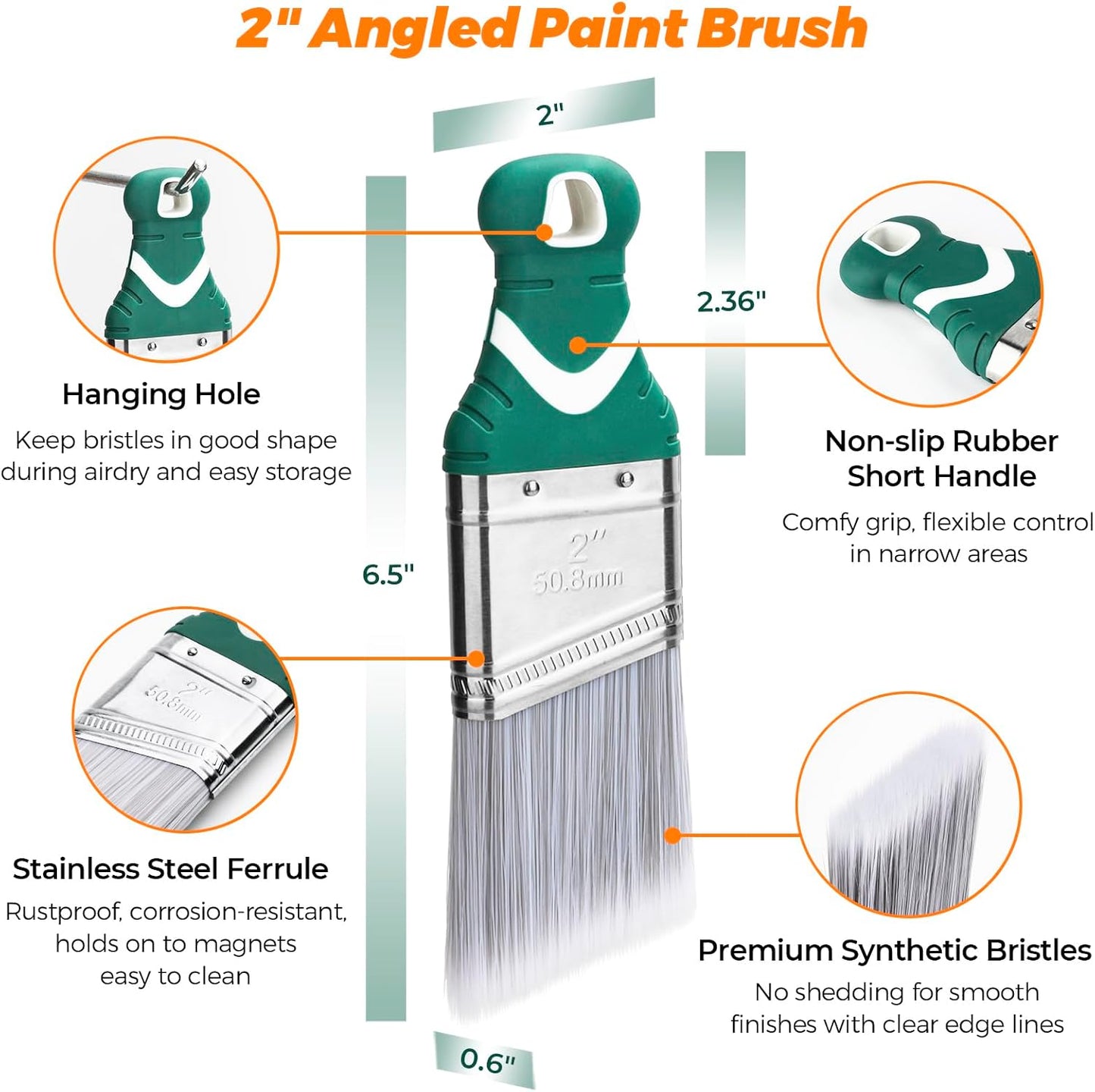 3 Pack 2" Angled Paint Brush Set, Synthetic Bristles, Rubber Short Handle | PinStone Smooth Finish Paint Brushes for Precise Painting Walls, Cabinets, Sash, Edge, Corner, Cut in, Trim, Touch up, Edging