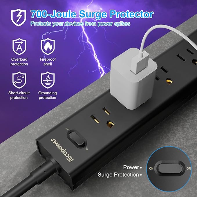 Surge Protector Power Strip 15 ft Cord-5 Widely Spaced Outlets 3 USB Ports - Image 4