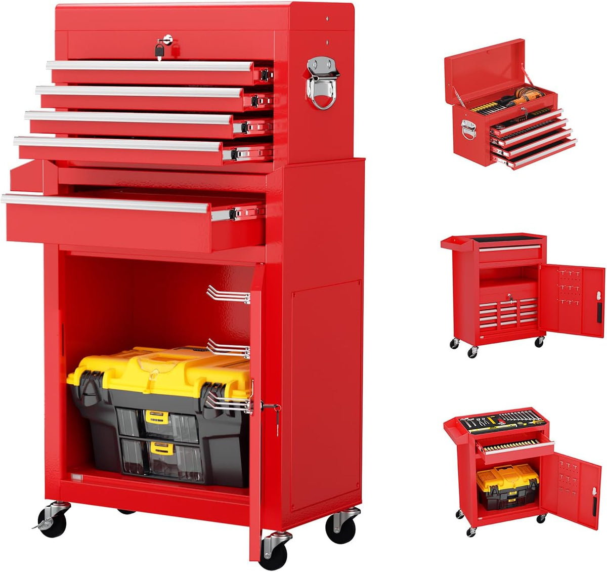 crownland 5-drawer rolling tool chest with wheels, red, main product view