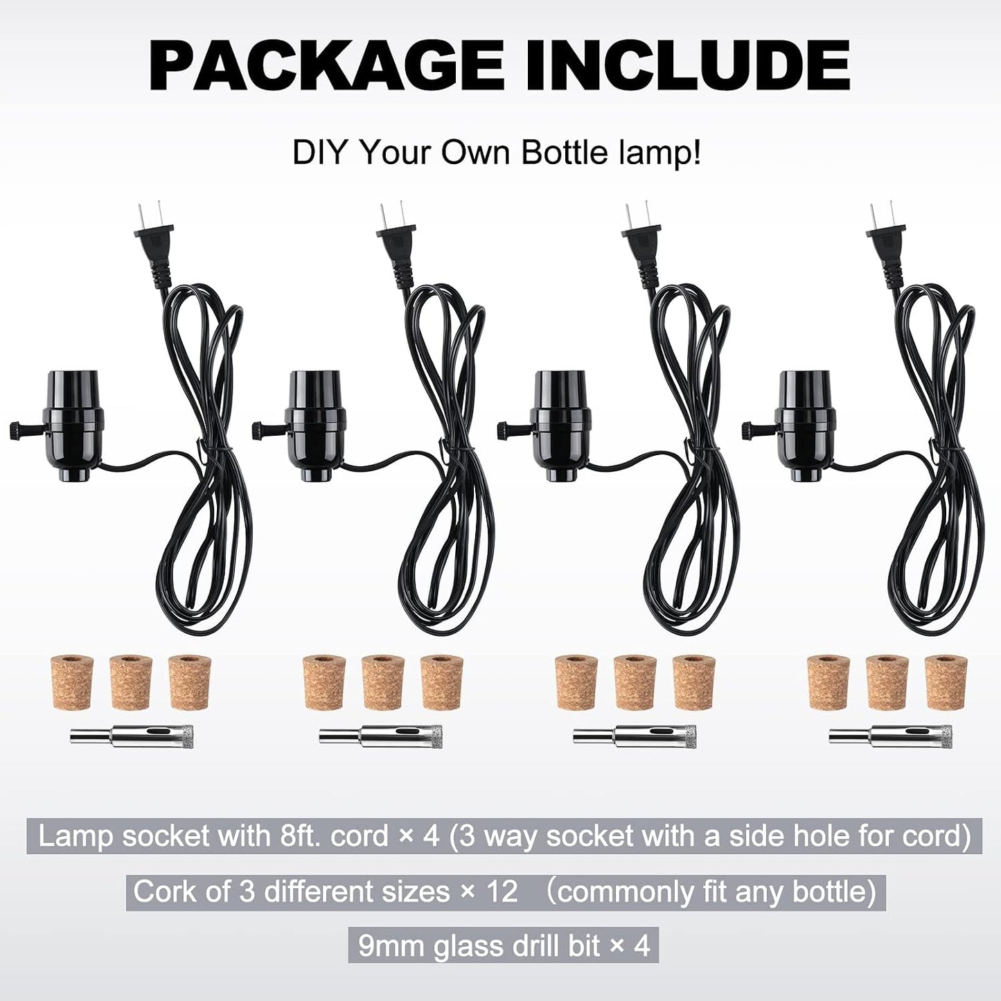 Fabbay 4 Sets Bottle Lamp Kit for Liquor Bottle Includes Stopper in 3 Sizes, 9 mm Glass Drill Bit, Slip on Socket, 8 Feet Power Cord for DIY Wine Bourbon Beer Glass Bottles Lamp No Drilling Required