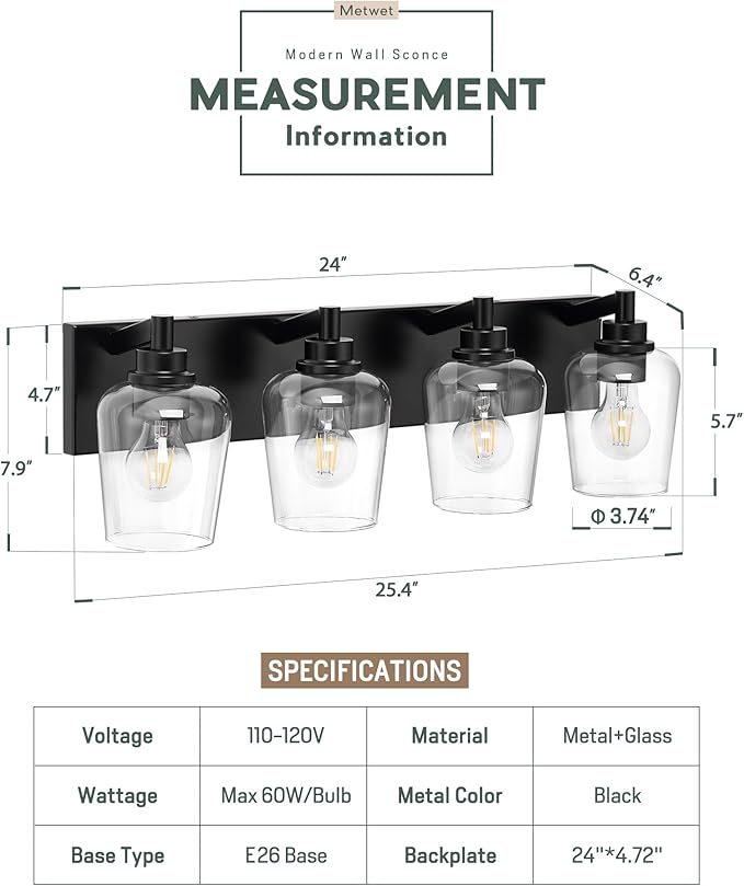 METWET Bathroom Light Fixtures, 4-Light Modern Vanity Light - Image 3