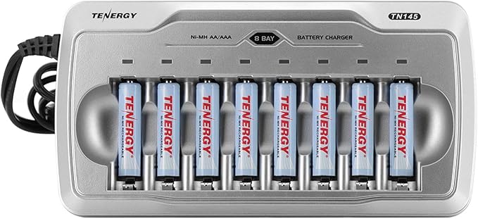 Tenergy TN145 8 Bay Charger and 8 Pack Rechargeable AAA Batteries, Independent by Tenergy