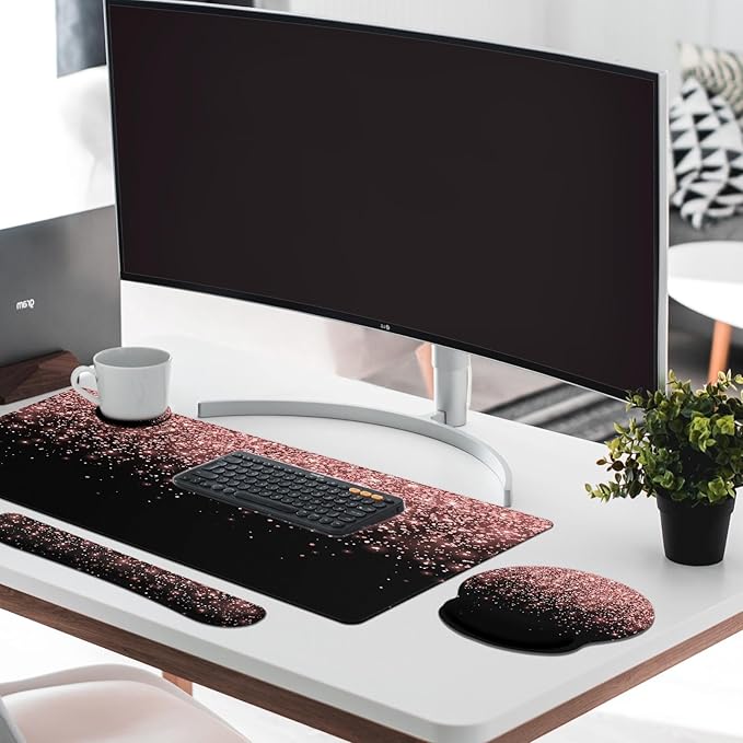 Britimes Rose Gold Pink Keyboard Mouse Pad Set Black Golden 4in1 Large - Image 3