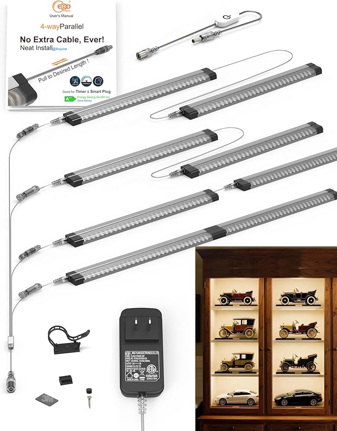 EBD LED Shelf Lights for Bookshelf Closet Bookcase 4-Way 48” Splitter Parallel by ExcelBrighterDevelopmentLtd