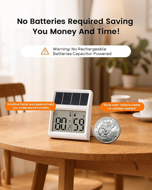 Digital Indoor Thermometer & Hygrometer, Light Powered Solar Indoor Temperature - Image 4