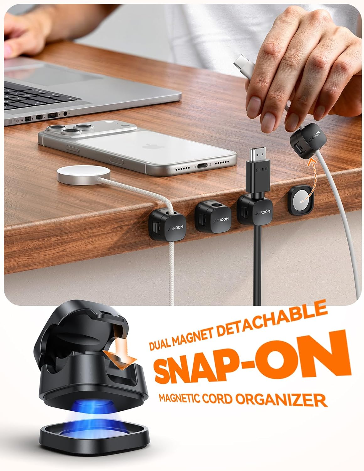 JOYROOM 6-Pack Detachable Magnetic Cord Organizer, Adhesive Cable Clips | Auto-Fit Spring Snap Lock for φ1.5~8mm Cables, Magnetic & Adhesive 2-in-1 Cable Management for Home Nightstand Office Desk