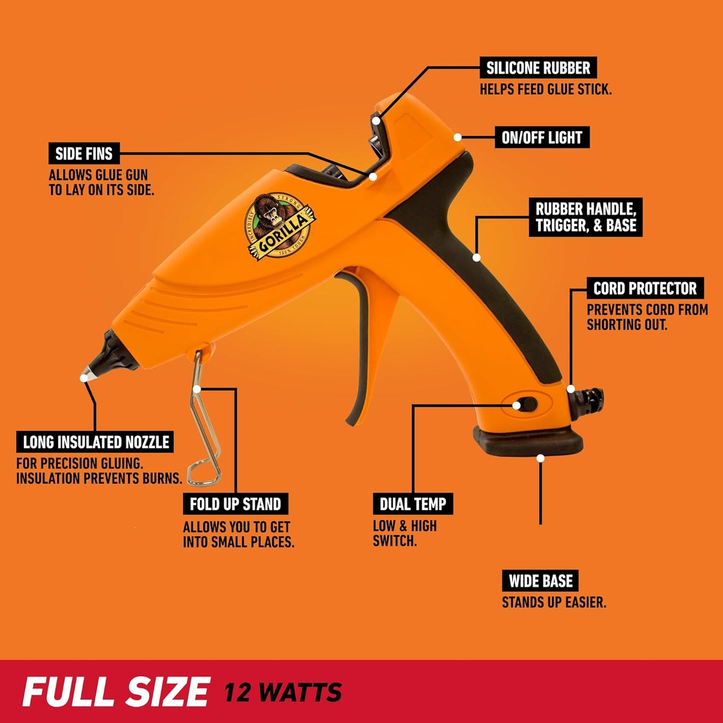 Gorilla Dual Temp Full Size Hot Glue Gun, Precision Nozzle | Easy Squeeze Trigger for Comfort, Enhanced Safety Features, Great for DIY, Craft, Repairs, and More