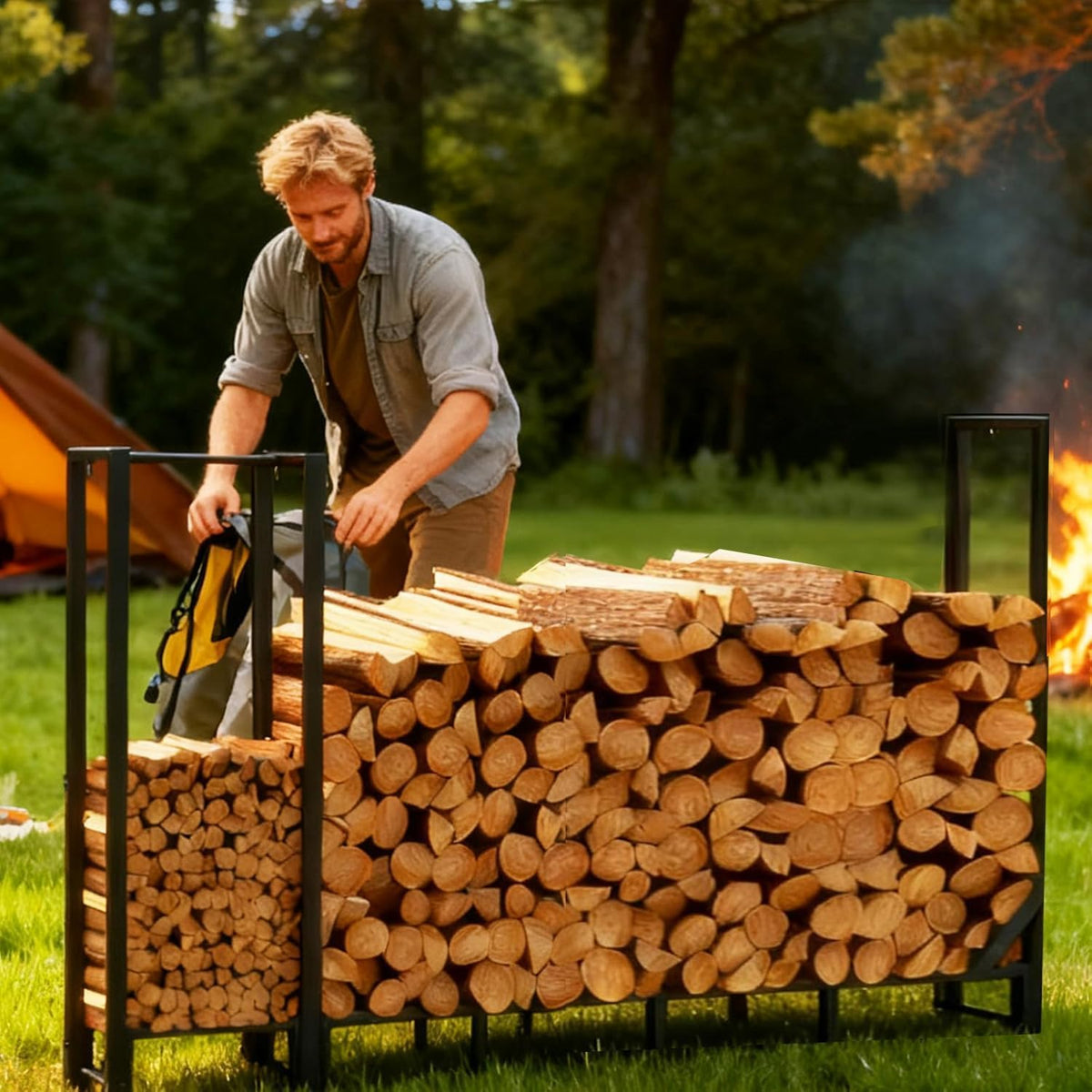 8ft heavy duty firewood rack with kindling storage,black on a desk or shelf