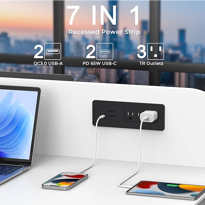Drawer Outlet with PD 65W USB C, Recessed Power Strip with 3 Outlets 4 USB Ports - Image 2