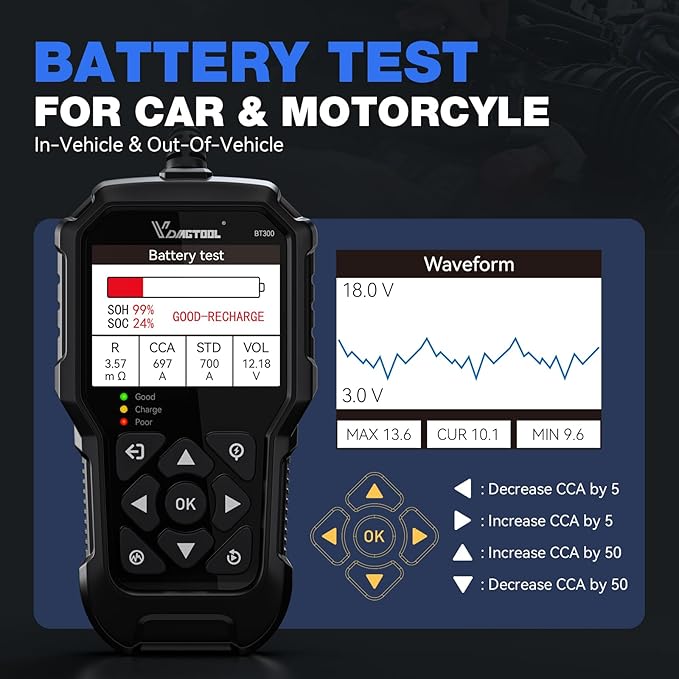 VDIAGTOOL BT300 Car Battery Tester 6V 12V, 5-3000 CCA Load Tester Starter - Image 4
