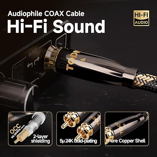 TODN Audiophile Digital Coaxial Cable HiFi SPDIF Coax Audio Cable 75-Ohm RCA - Image 2