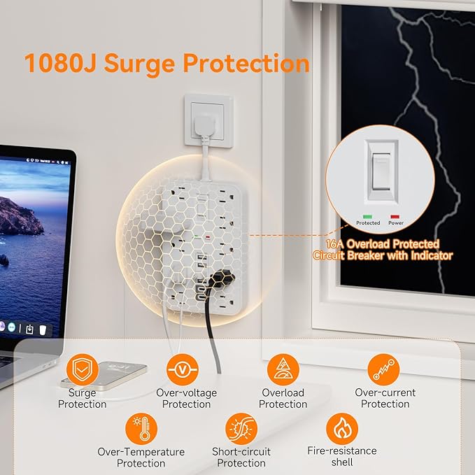 Short Extension Cord with USB and USBC Ports, Flat Outlet Extender with 10 AC - Image 5