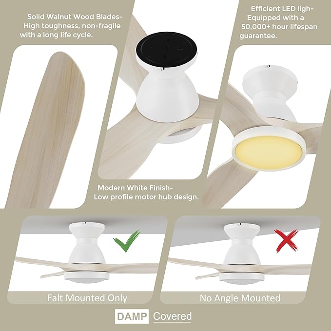 SMAAIR Smart Ceiling Fans with Lights Damp Covered, Solid Wood Flush Mount - Image 2