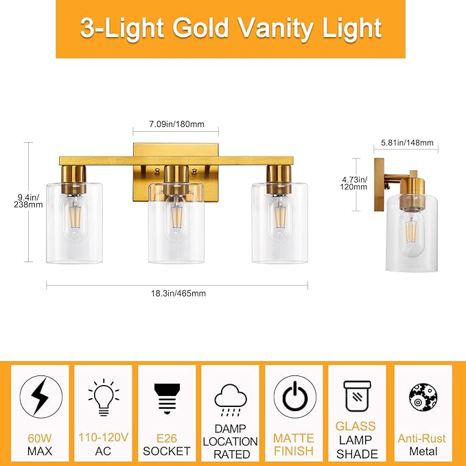 SOPEAS Gold 3-Light Bathroom Vanity Light, Modern Brushed Gold Vanity Lights - Image 3