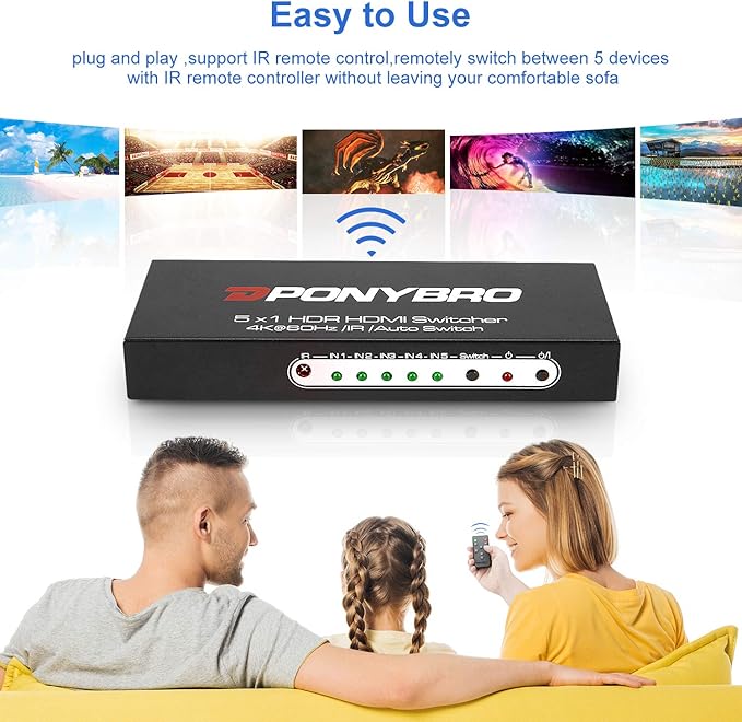 PONYBRO HDMI 2.0 Switch 5 Port 4K@60Hz Auto-Switching – 5 in 1 Out - Image 3