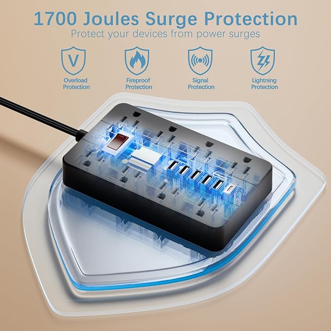 Power Strip Surge Protector, HUNIAN Flat Plug 10 Ft Long Extension Cord - Image 6