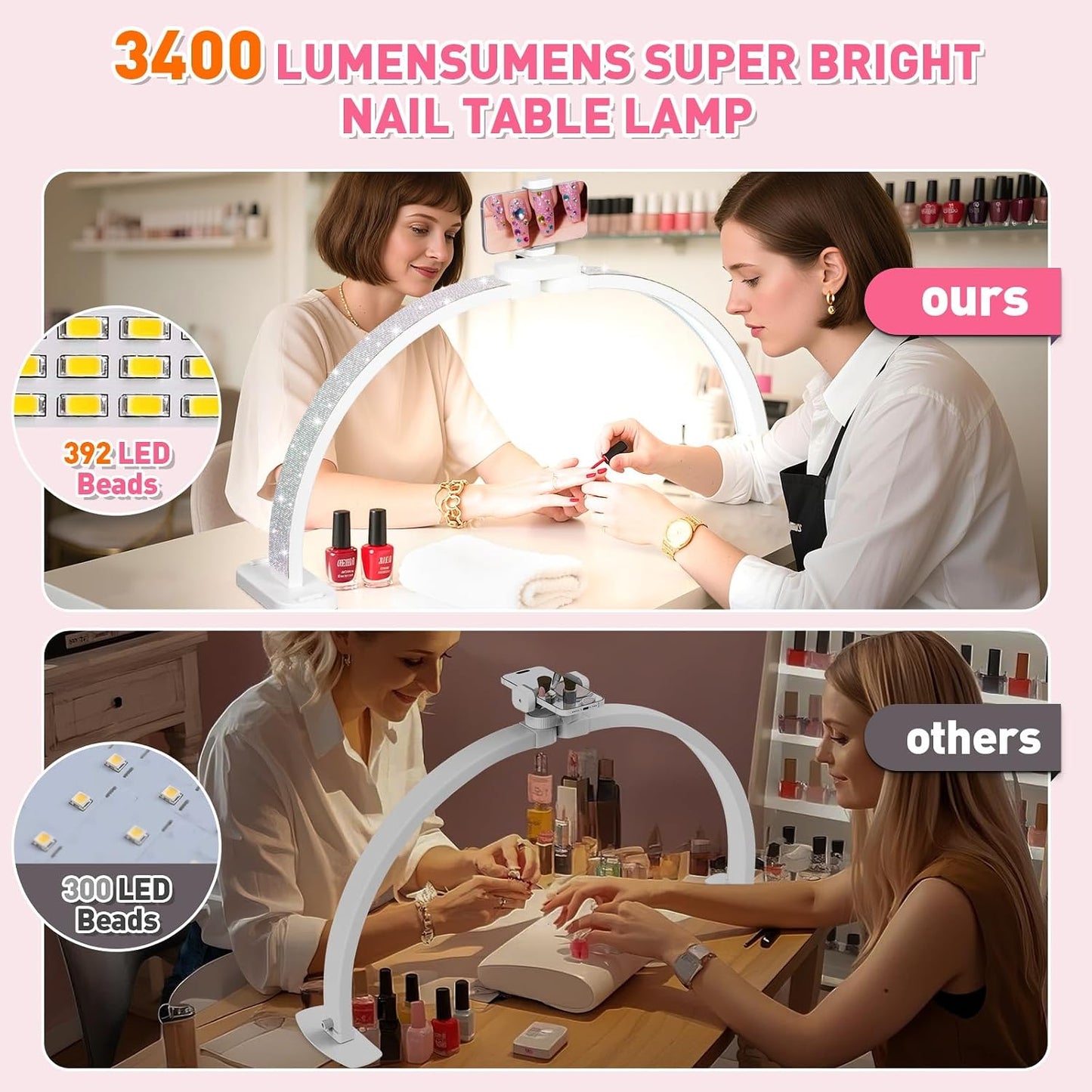 HITTI 31in Half Moon Light for Nail Desk, Foldable, Crystal Diamond | Phone Stand, LED Brightness and Color, 48W, Arch Nail Tech Table Lamp for Manicure, Craft, Art, Eyelash Extension