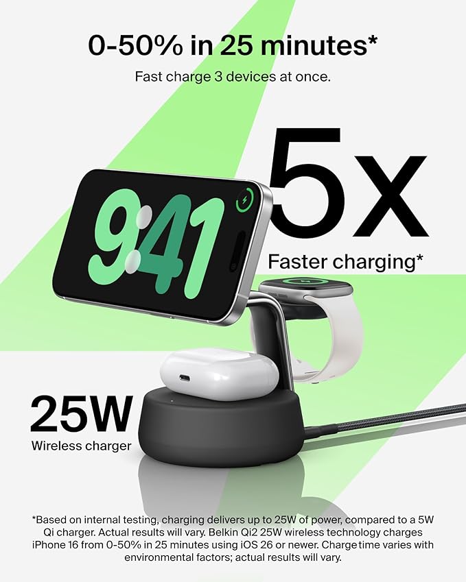 Belkin MagSafe Charger Compatible, 3-in-1 Charging Station, Qi2.2 25W w/Cooling - Image 2