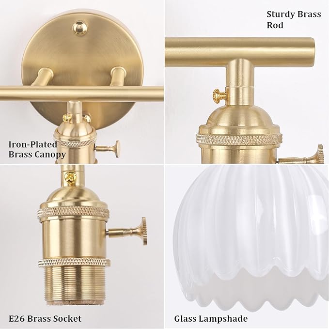 Shenmoyl Bathroom Light Fixtures, 3-Light Brass Vanity Wall Light Over Mirror - Image 6