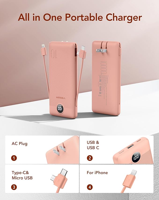 VEGER Portable Charger for iPhone Built in Cables and Wall Plug, 10000mah Slim - Image 2