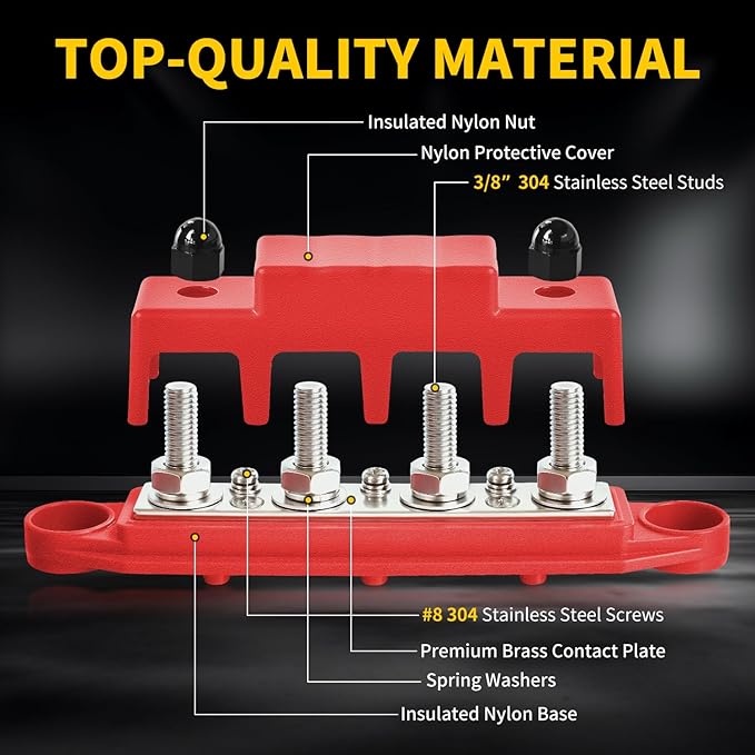 Bolipoeq Bus Bar 250A 12V Power Distribution Block 4 x 3/8" Studs - Image 3