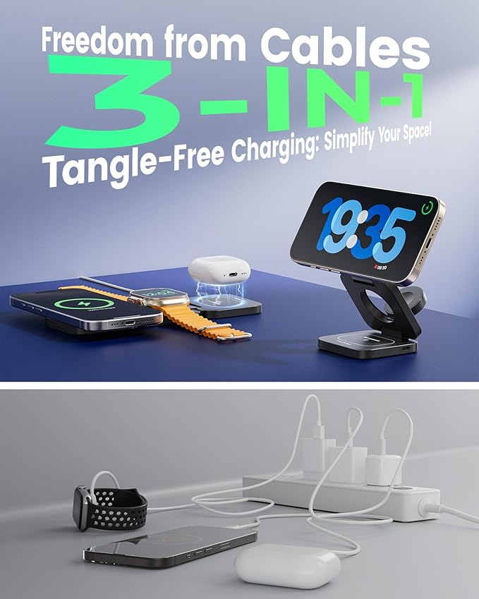 KU XIU X55Q Foldable 3 in 1 Magnetic Wireless Charger, 15W Qi2 Fast Charge - Image 6