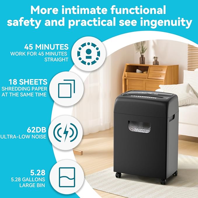 Paper Shredder, 18-Sheet High Security Level P-4 Heavy Duty Paper/Card Shredder - Image 2