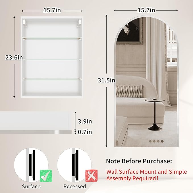 Silver Medicine Cabinet with Arched Mirror, Left or Right Opening, Mirrored - Image 2