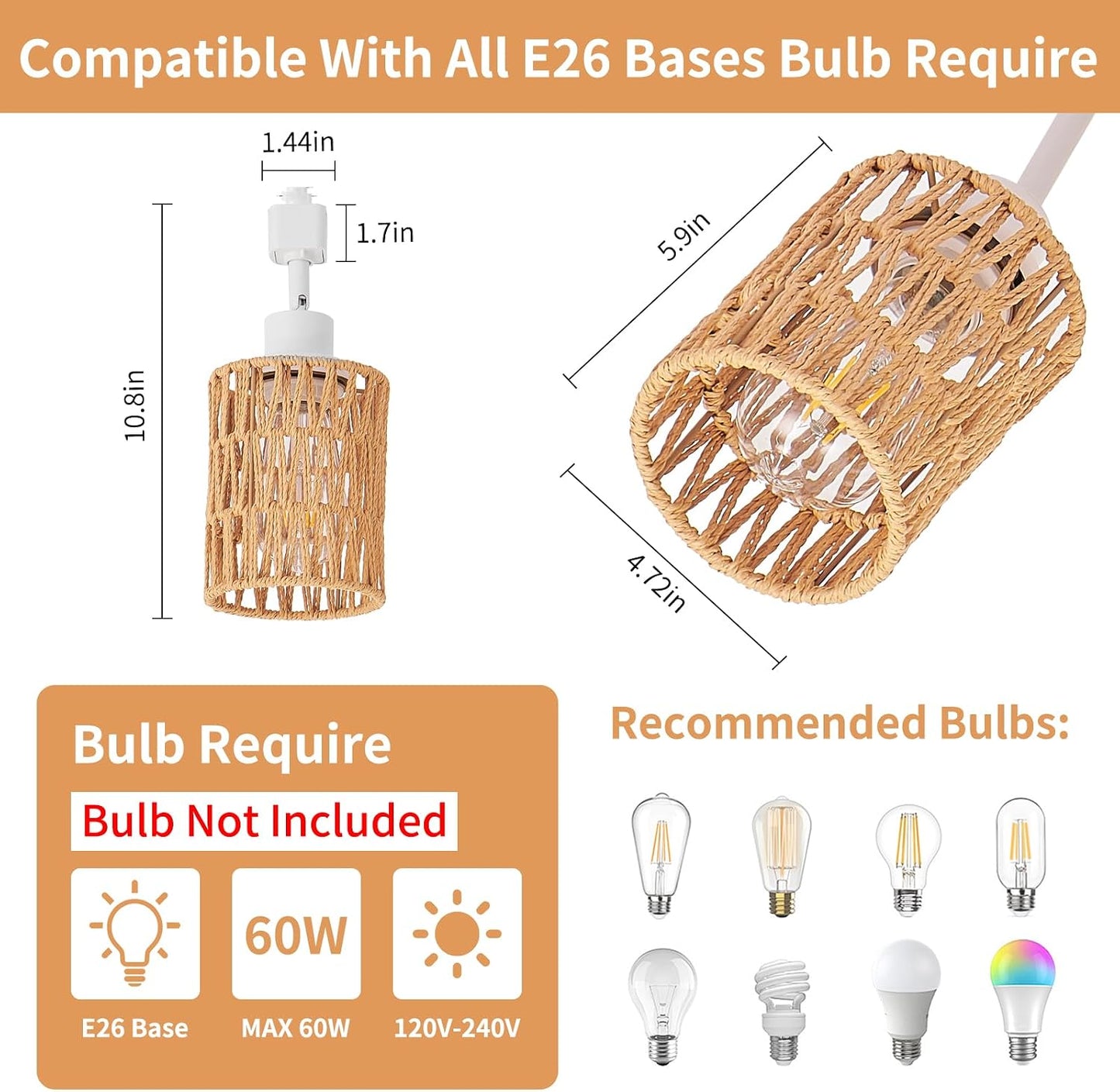 4-Pack H Track Lighting Heads, Rattan Track Light Heads Fixture for H Type Track Lighting Rail, E26 Flexible Track Light Ceiling Fixtures, Adjustable Modern Track Light for Kitchen, No Bulb