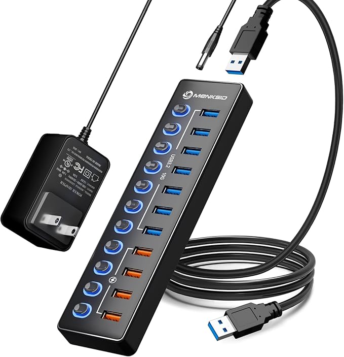 Powered USB Hub, MENKSID 11-Port USB Hub, 7 USB 3.2 Data Transfer Ports + 4 by MENKSID