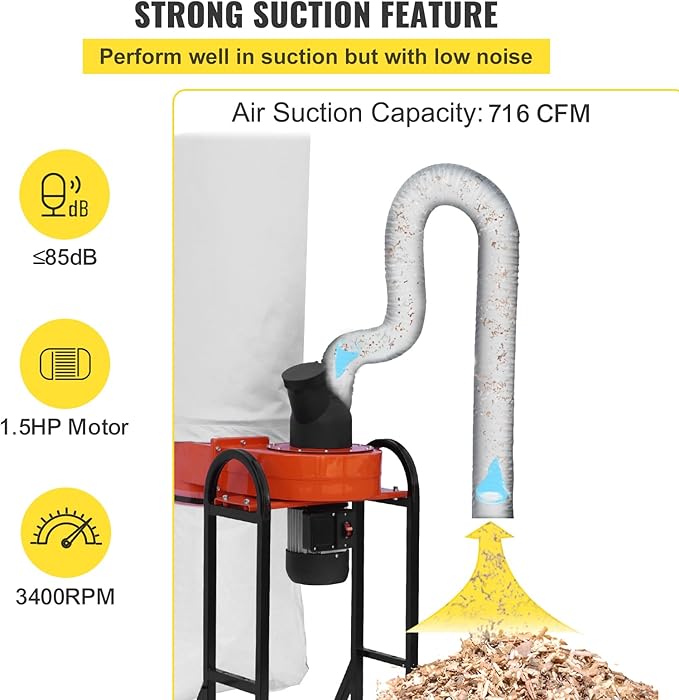 VEVOR 1.5 HP Dust Collector, 716 CFM, Portable Vortex Dust Collector, - Image 3