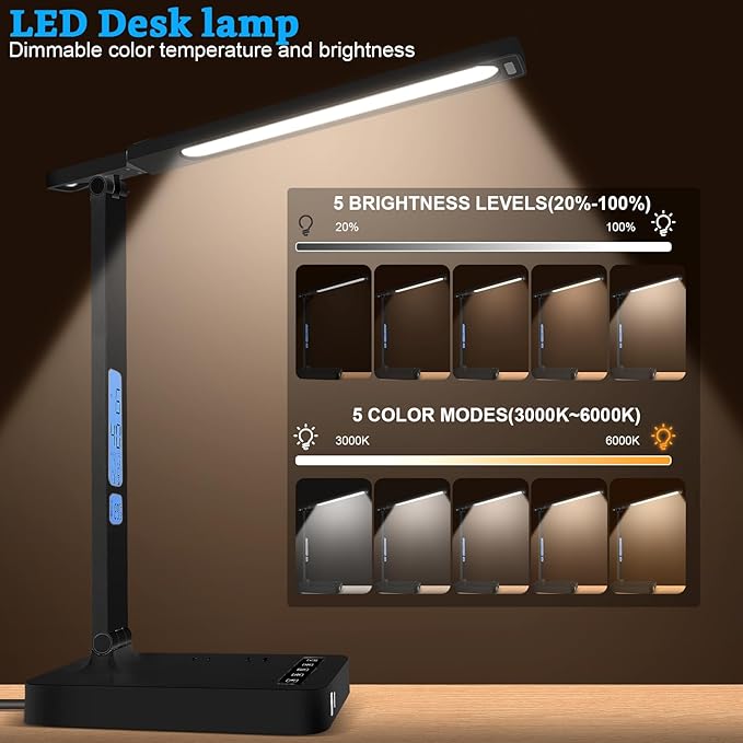 snsok Smart Desk Lamp with Dual USB Charging & 2 AC Outlets, Digital Clock - Image 2