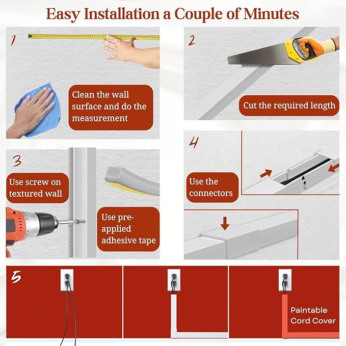 EVZA 157in Cord Hider for 1-2 Wire, Self Adhesive One-Cord Channel Cable - Image 8