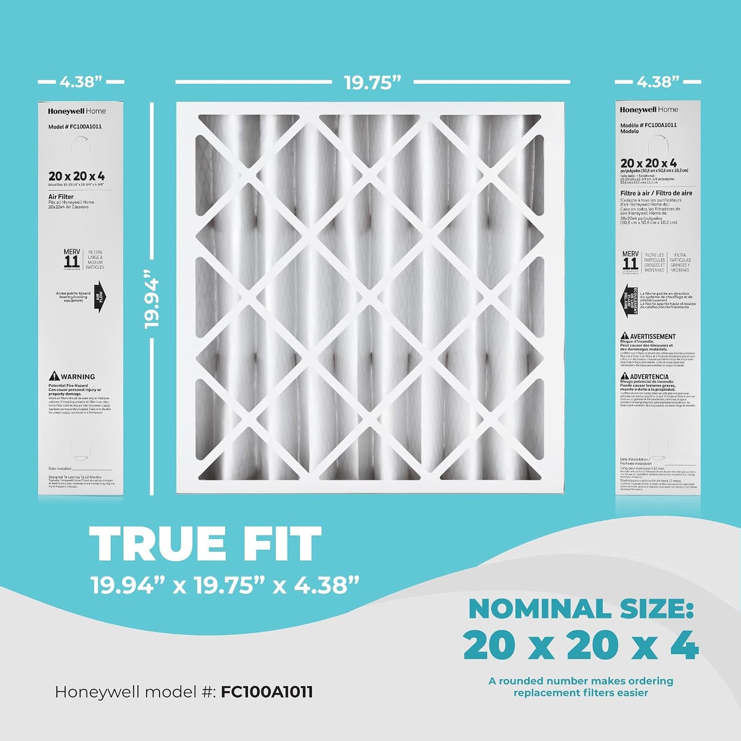 20x20x4 Air Filter Replacement MERV 11, FC100A1011 Pleated HVAC AC Furnace Filters with Wholesalehome Cleaning Cloth, 2-Pack (Actual Size: 19.94 x 19.75 x 4.38 Inches)