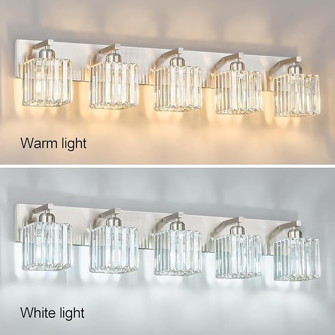 FDPBY Modern Vanity Light 5-Lights Brushed Nickel Vanity Light Crystal Bathroom - Image 4
