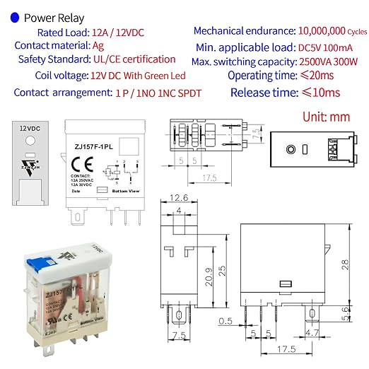 ZJWZJH 12 Amp Power Relay Switch 12V DC Relay Coil, 5 Pin SPDT 1NO 1NC - Image 4