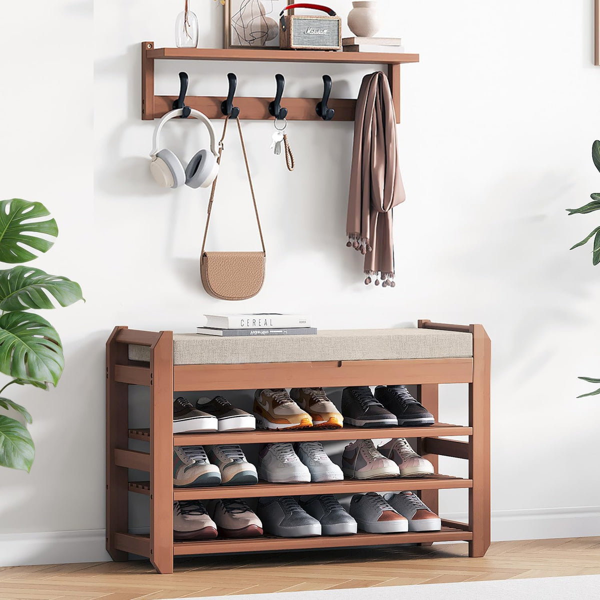 27.6" shoe rack bench with coat rack, 3-tier, main product view